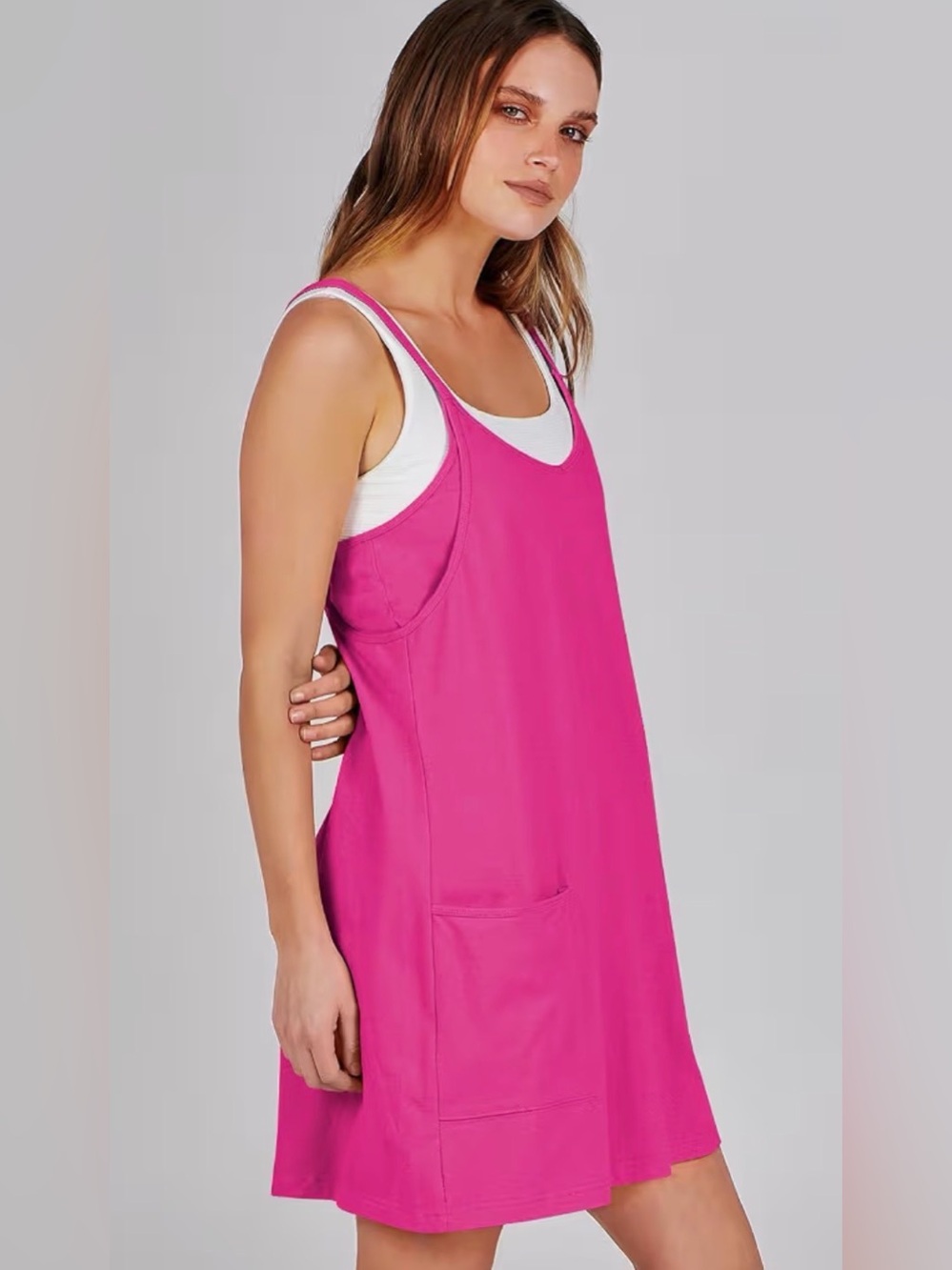 NWT Hot Pink Athletic Mini Dress Built In Shorts Pockets Racerback Size Small